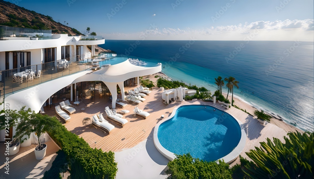 Fototapeta premium White and luxurious house with pool next to the sea