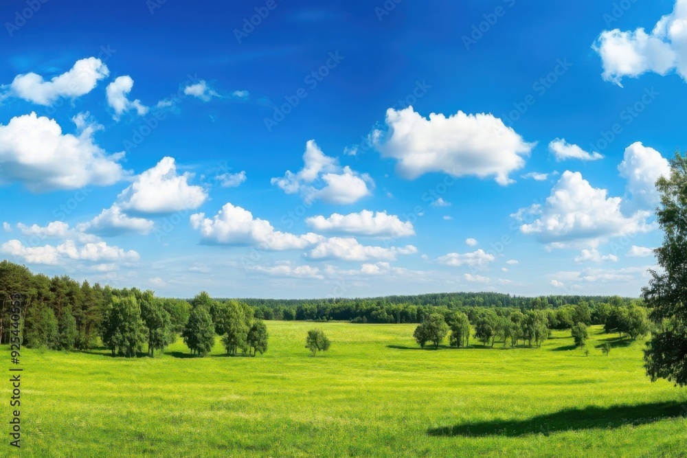 A vast green meadow under a bright blue sky with scattered white clouds, surrounded by lush trees. A vast green meadow under a bright blue sky with scattered white clouds, surrounded by lush trees.