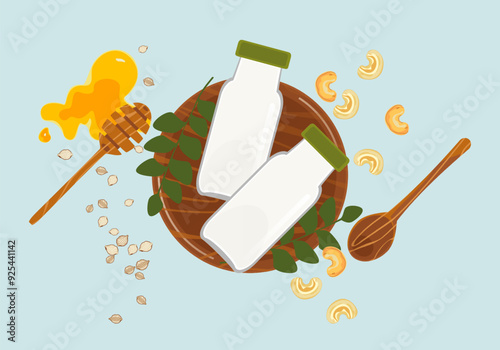 Set of flat design vector illustrations of healthy food and drinks. Pea milk is packed in a glass bottle on a wooden cup Cashew nuts, honey, spices, and other elements are isolated in the background.