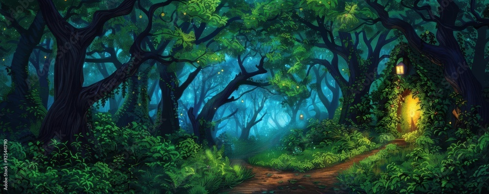 Mystical forest with a hidden, sparkling fairy village, fairy village, secretive enchantment Mystical forest with a hidden, sparkling fairy village, fairy village, secretive enchantment