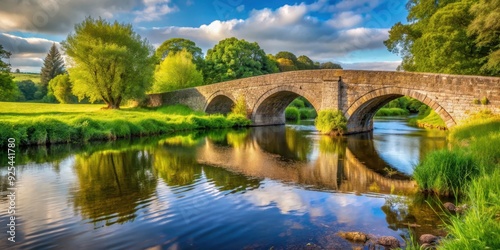 Stone arch bridge over tranquil river in picturesque countryside setting , bridge, stone, arch, scenic, landscape, river