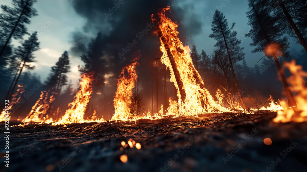 A forest fire spreading among tall trees, with flames and smoke filling ...