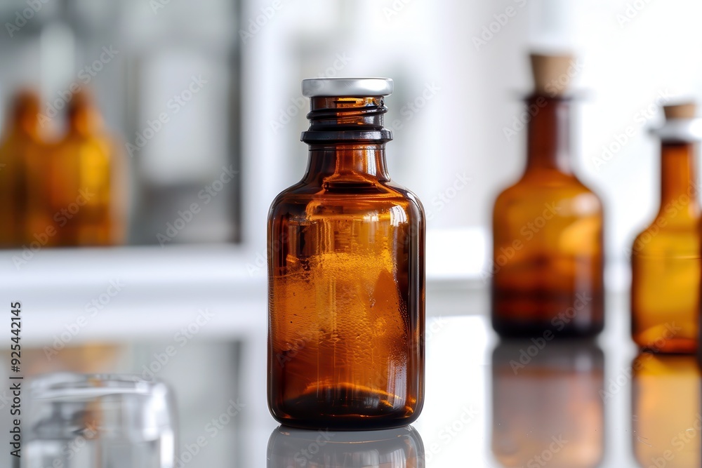 Acids. Pure and Concentrated Nitric, Sulfuric, and Hydrochloric Acids in Brown Amber Bottle in Laboratory Setting Acids. Pure and Concentrated Nitric, Sulfuric, and Hydrochloric Acids in Brown Amber Bottle in Laboratory Setting