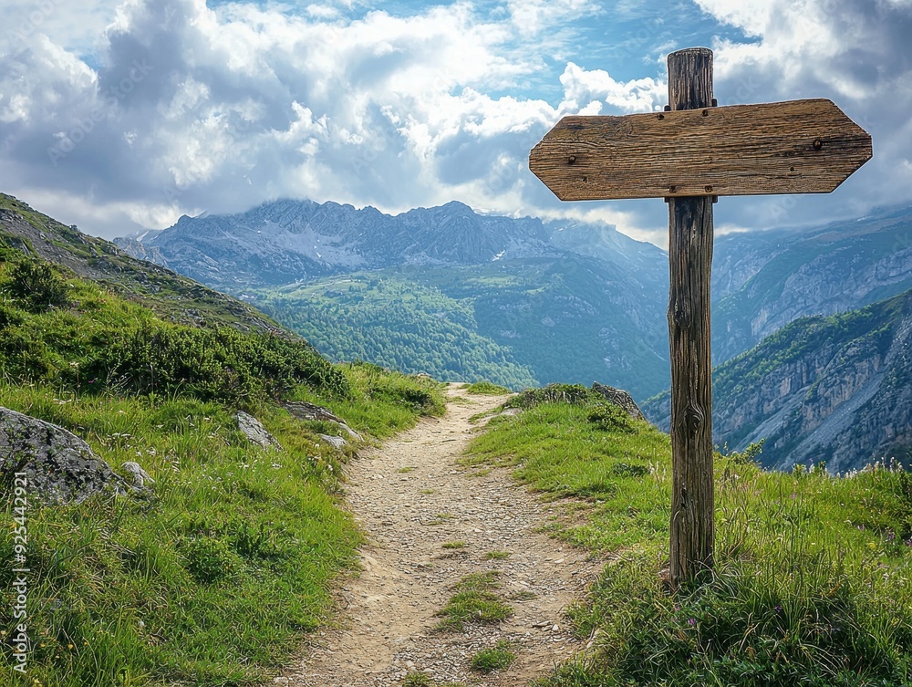 Crossroads of Adventure: Wooden Signpost in Remote Mountain Area Crossroads of Adventure: Wooden Signpost in Remote Mountain Area