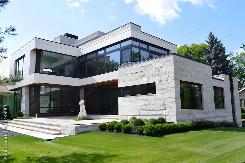 Modern White and Grey House with Large Windows Modern White and Grey House with Large Windows