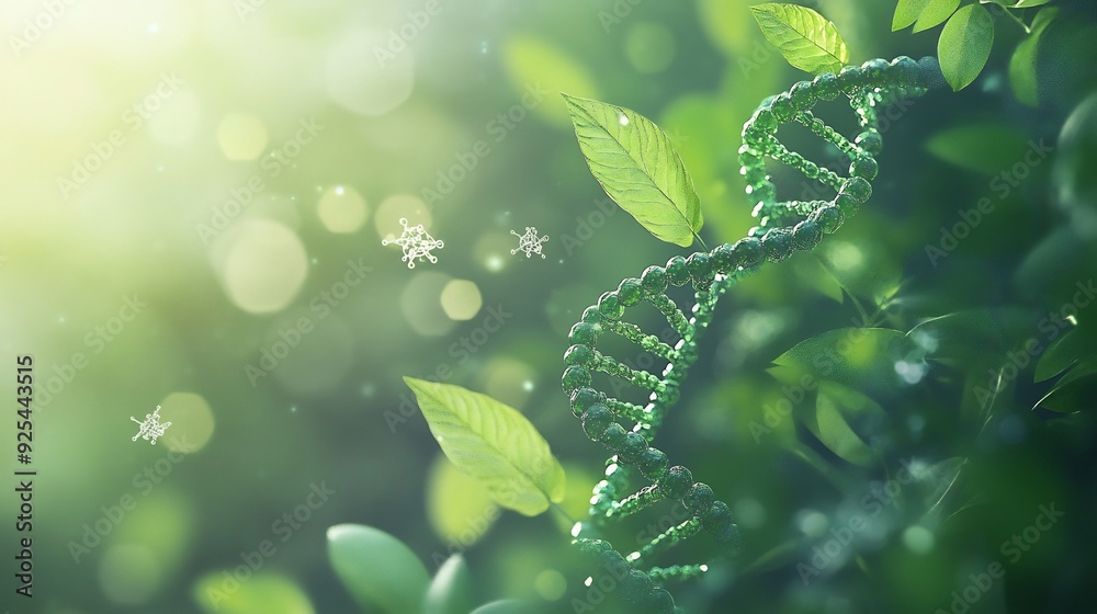 Abstract green eco natural technology dna with rain drops and plants. Macro. Futuristic background with glowing particles Abstract green eco natural technology dna with rain drops and plants. Macro. Futuristic background with glowing particles