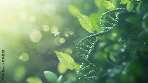 Abstract green eco natural technology dna with rain drops and plants. Macro. Futuristic background with glowing particles