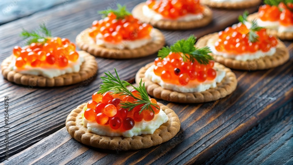 Cream cheese and salmon roe crackers garnished with dill, appetizer, snack, gourmet, luxury, elegant, delicious Cream cheese and salmon roe crackers garnished with dill, appetizer, snack, gourmet, luxury, elegant, delicious