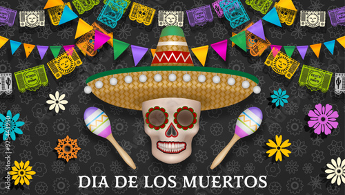 dia de los muertos banner with skull with sombrero and maracas. dia de los muertos background with flowers, colorful pennants and papel picado