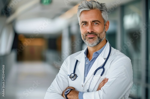Confident Doctor in White Coat Standing in Hospital Corridor During Daytime
