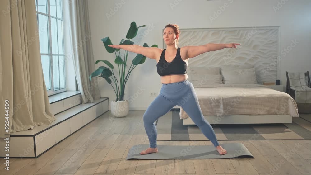 Yoga fitness workout training. Woman practicing yoga at home. Plus size female doing sports exercise on yoga mat indoor. Girl in sportswear have training workout for weight loss. Sport and fitness Yoga fitness workout training. Woman practicing yoga at home. Plus size female doing sports exercise on yoga mat indoor. Girl in sportswear have training workout for weight loss. Sport and fitness