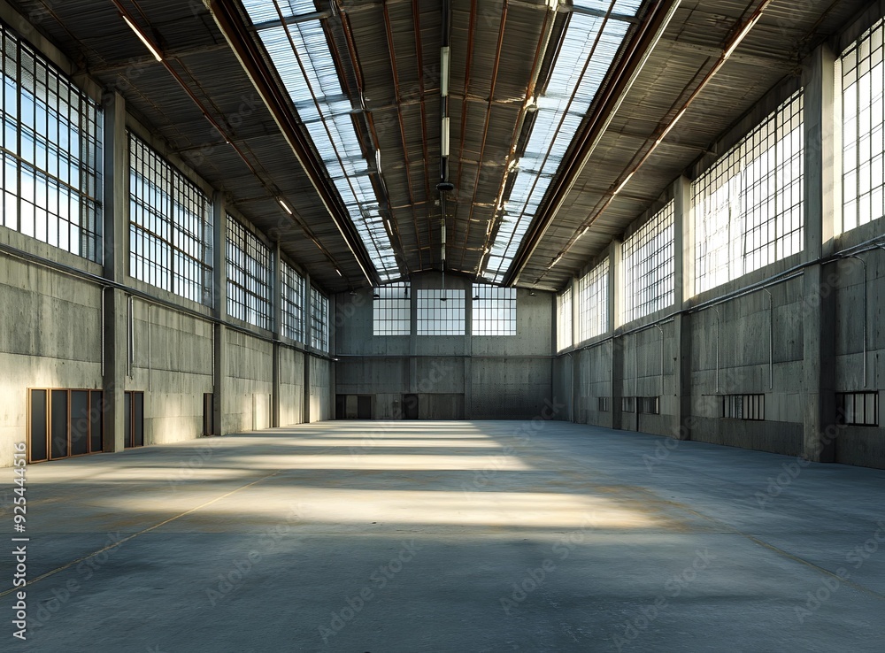 Empty Industrial Warehouse Interior with Large Windows Empty Industrial Warehouse Interior with Large Windows