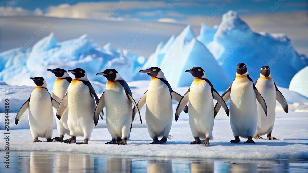 Fototapeta premium Penguins waddling on the icy terrain of the South Pole, Antarctica, wildlife, cute, cold, ice, snow, birds