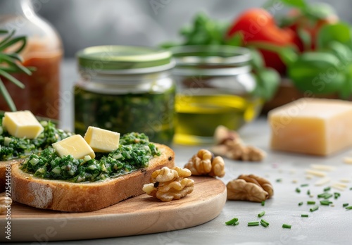 Fresh Spinach and Walnut Crostini With Olive Oil on a Rustic Wooden Board