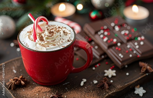 Festive Hot Chocolate With Whipped Cream and Candy Cane in Cozy Holiday Setting