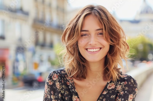 Smiling Woman With Long Hair in Floral Blouse on Rooftop Overlooking Cityscape