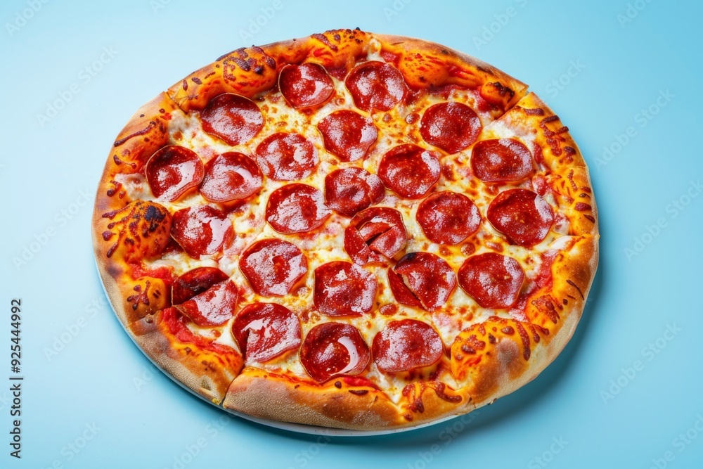 Italian Pepperoni pizza, blue background, food photo, studio light Italian Pepperoni pizza, blue background, food photo, studio light