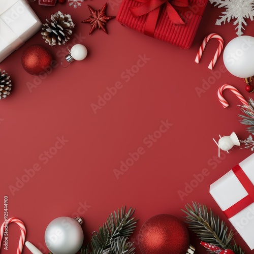 Festive Red Background With Christmas Gifts and Ornaments for Holiday Celebra...