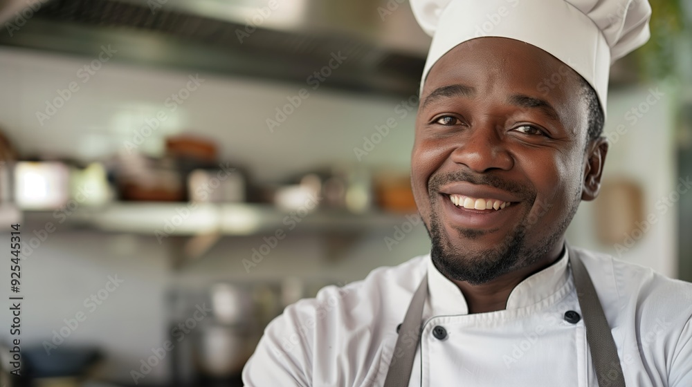 A cheerful chef wearing a white uniform and hat smiles broadly while standing in a kitchen, reflecting passion and skill. A cheerful chef wearing a white uniform and hat smiles broadly while standing in a kitchen, reflecting passion and skill.