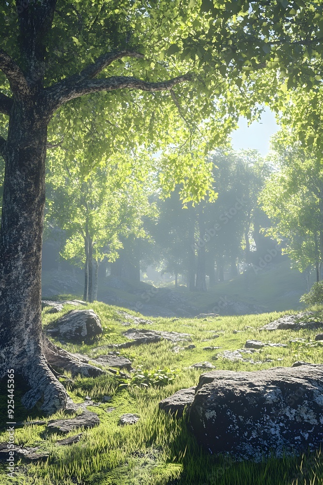 Fototapeta premium Forest Scene with Green Grass and Sun Shining Through the Trees