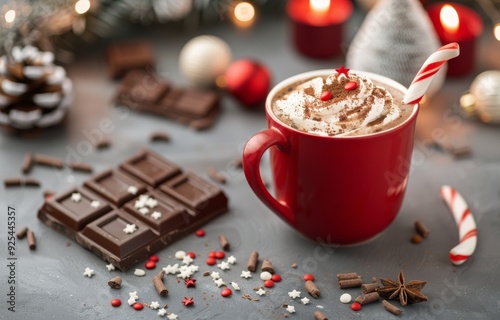 Festive Hot Chocolate With Whipped Cream and Candy Cane in Cozy Holiday Setting
