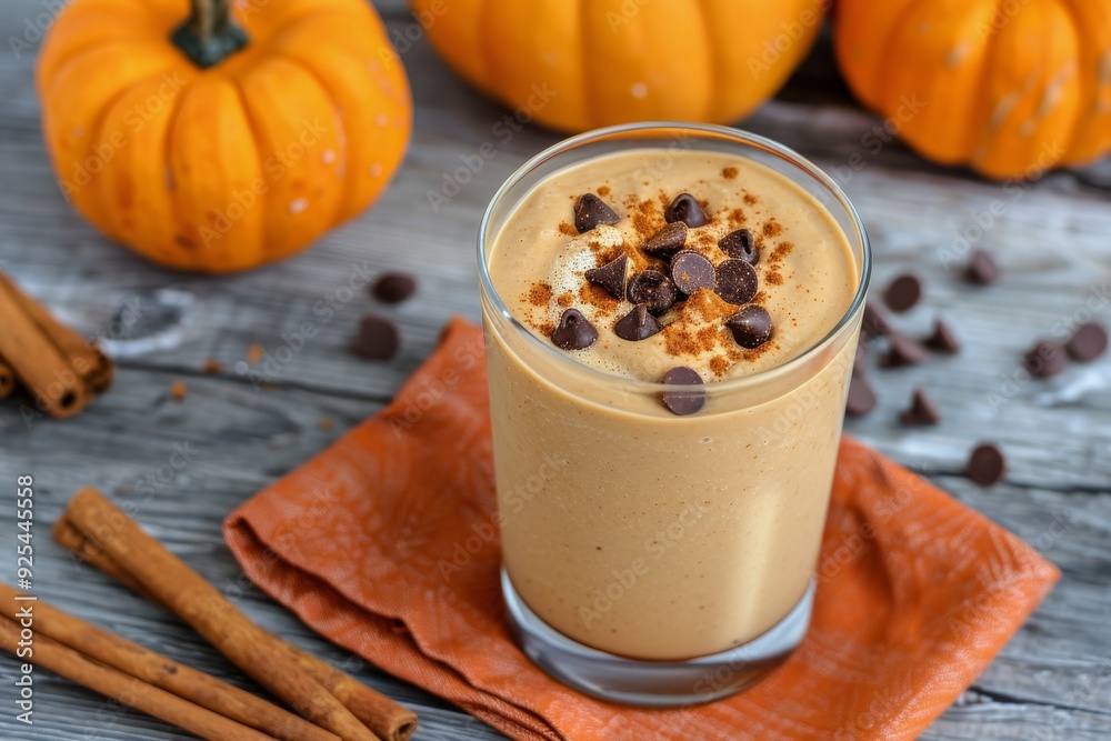 Pumpkin Smoothie With Chocolate Chips Surrounded by Autumn Decor Pumpkin Smoothie With Chocolate Chips Surrounded by Autumn Decor