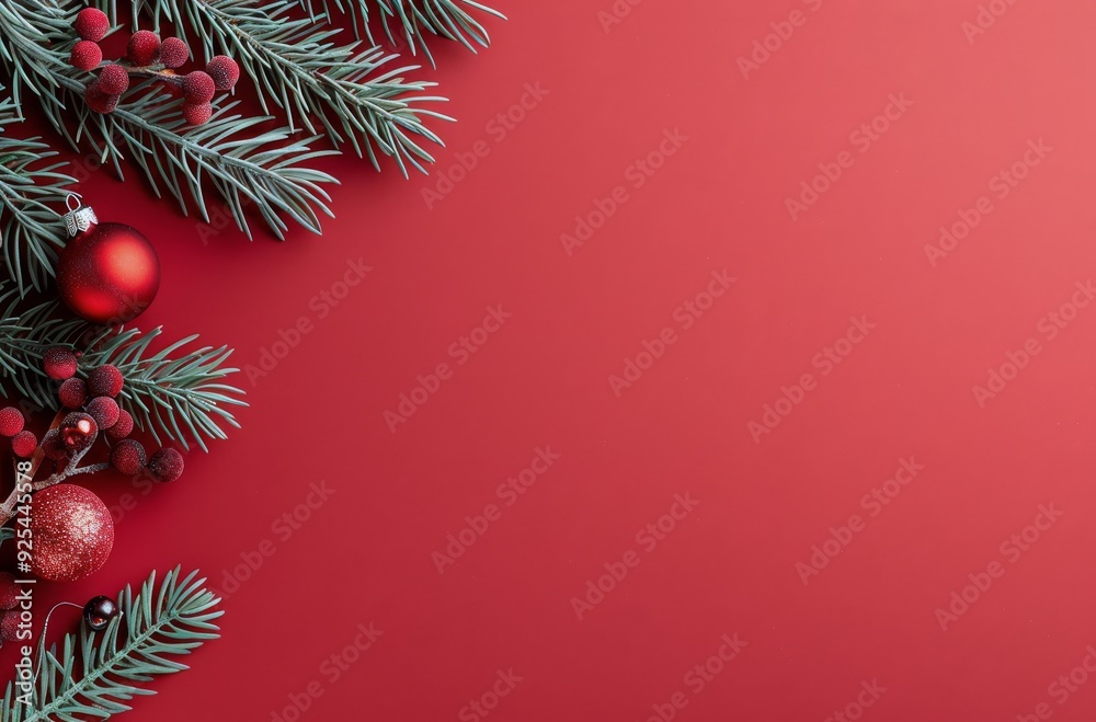 Festive Evergreen Branches and Red Ornaments on Rich Burgundy Background Festive Evergreen Branches and Red Ornaments on Rich Burgundy Background