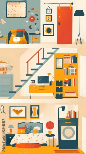 Modern Flat Illustration With Staircase, Living Room, Bedroom, And Working Space