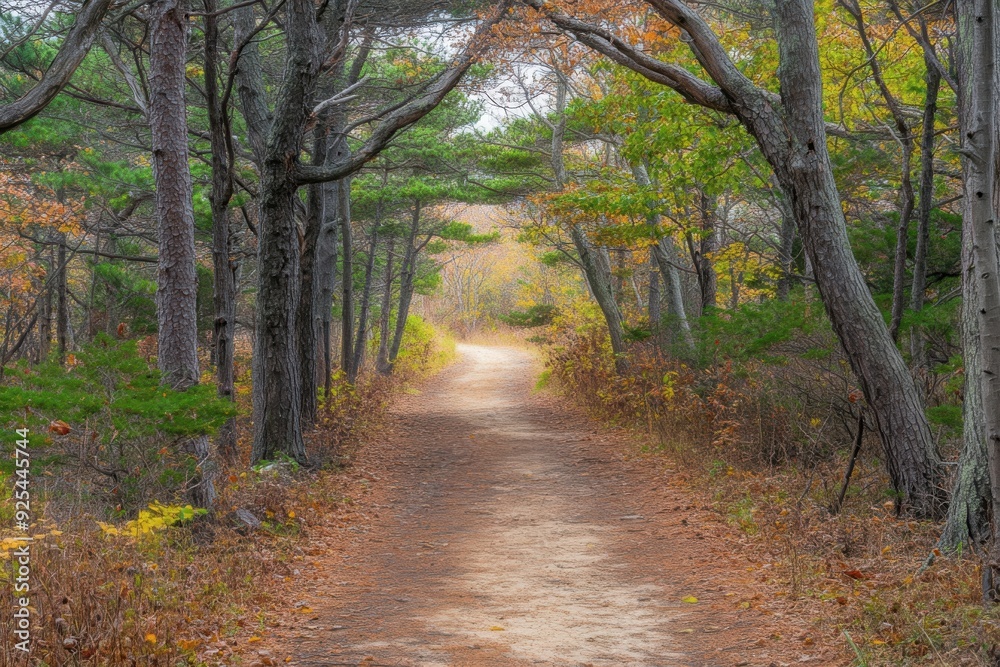 A tranquil forest path surrounded by autumn foliage, with sunlight illuminating the trail ahead. A tranquil forest path surrounded by autumn foliage, with sunlight illuminating the trail ahead.