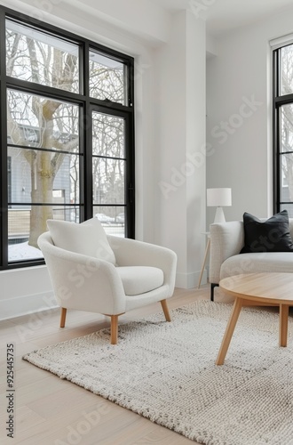 Modern White Chair in Bright Living Room With Large Windows and Street View