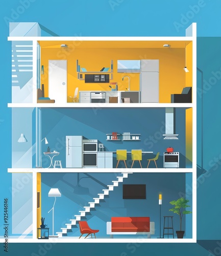 Modern House Interior Design Illustration with Kitchen, Living Room and Staircase