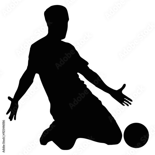 a soccer player celebrate the wining in front of ball, vector silhouette