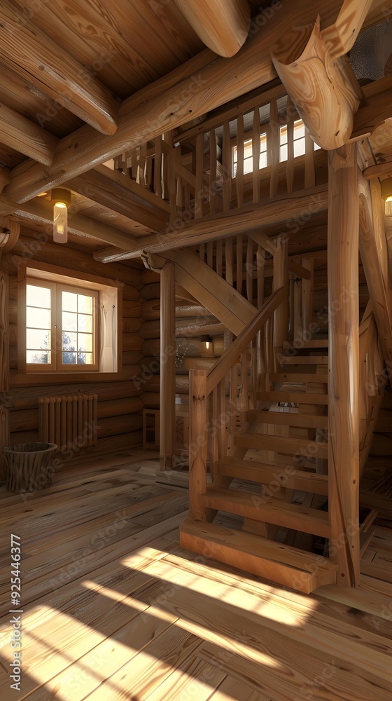 Wooden Staircase Leading to a Second Floor in a Rustic Log Cabin Wooden Staircase Leading to a Second Floor in a Rustic Log Cabin