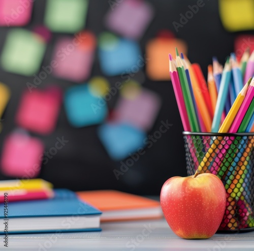 School Supplies With Apple And Colored Pencils On Table Against Blackboard Ba...