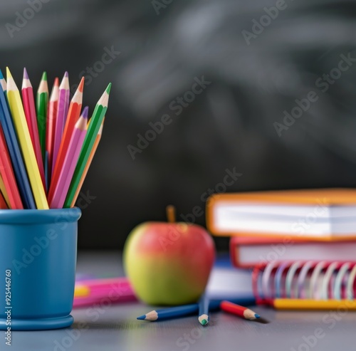 School Supplies With Apple And Colored Pencils On Table Against Blackboard Ba...
