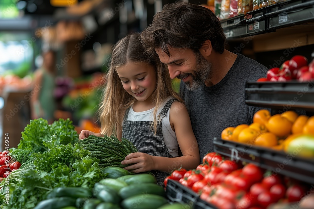 Father and daughter shopping for fresh produce at a local market in the late afternoon light Father and daughter shopping for fresh produce at a local market in the late afternoon light