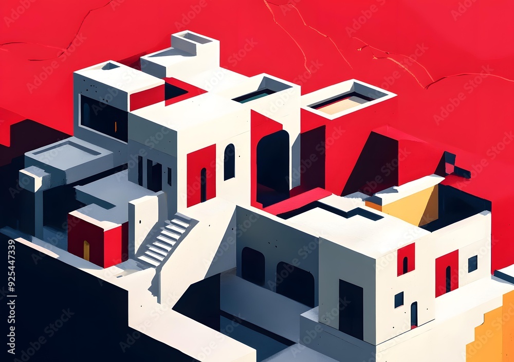 Naklejka premium Abstract Geometric Building Illustration With Red Background