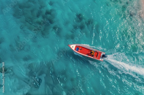 Red Boat Cruising Over Turquoise Waters in a Tropical Paradise