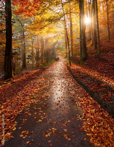 Autuumn. Season, forest path with autumn leaves falling photo