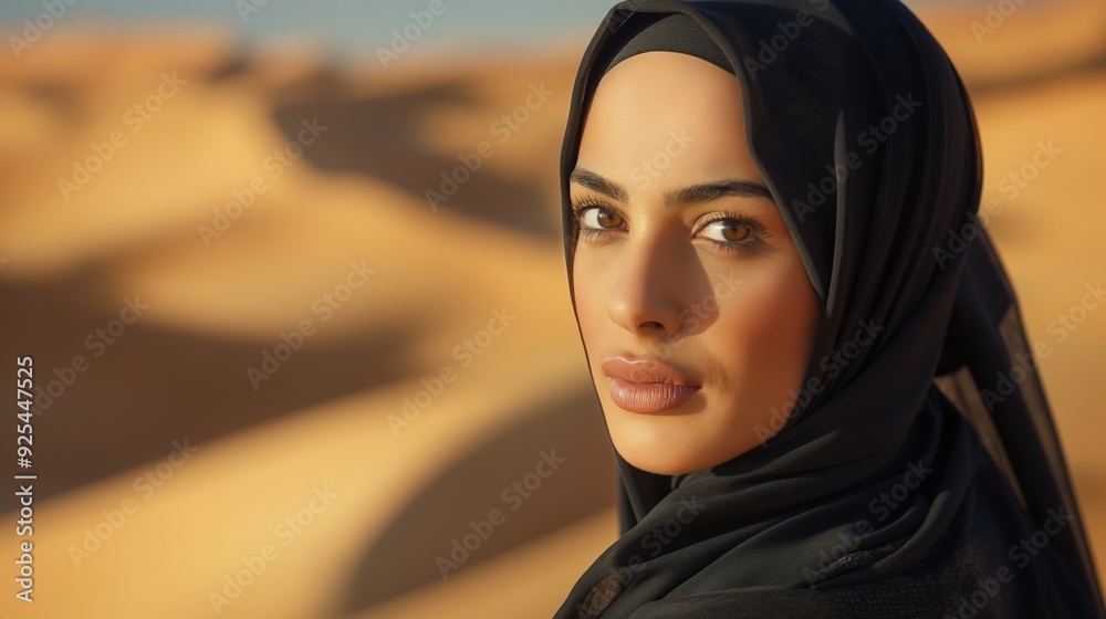 A woman wearing a hijab gazes peacefully in the desert, evoking a sense of tranquility and cultural richness in a natural setting. A woman wearing a hijab gazes peacefully in the desert, evoking a sense of tranquility and cultural richness in a natural setting.