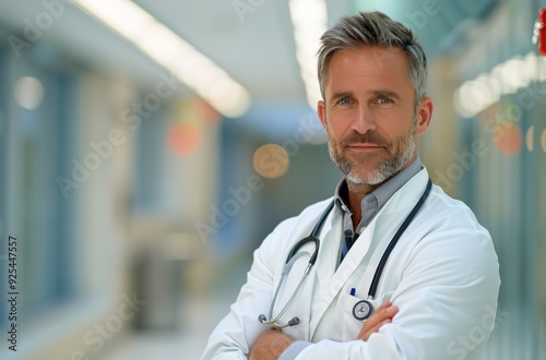 Confident Doctor in White Coat Standing in Hospital Corridor During Daytime
