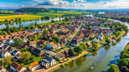 Aerial view of Rheinsheim, Germany with houses and river flowing through the town , Rheinsheim, Germany, aerial view, houses