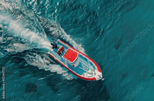 Red Boat Cruising Over Turquoise Waters in a Tropical Paradise