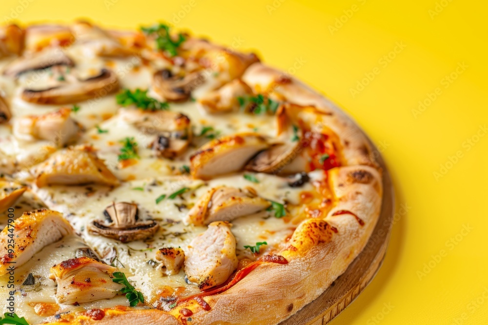 Italian pizza with chicken and cheese and mushrooms, yellow background, side view, studio light Italian pizza with chicken and cheese and mushrooms, yellow background, side view, studio light