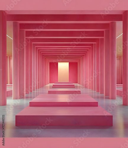 Abstract Pink Corridor with Steps and Columns