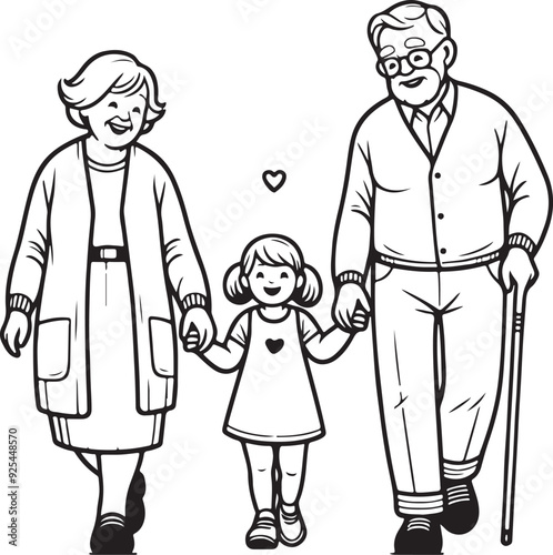 Heartwarming Single Line Art of an Old Couple Walking with Happy Grand child – Family & Old Age Concept in Black and White