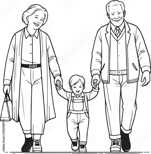 Heartwarming Single Line Art of an Old Couple Walking with Happy Grand child – Family & Old Age Concept in Black and White