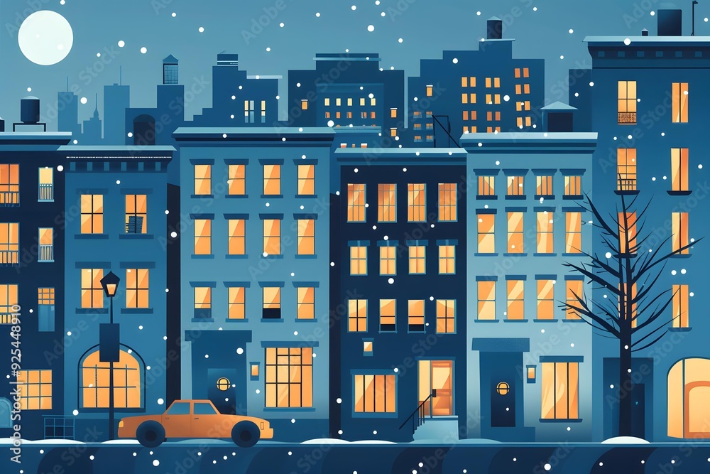 Snowfall in Cityscape with Cozy Buildings Snowfall in Cityscape with Cozy Buildings