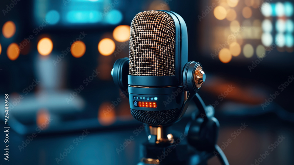 Close-up view of a modern, professional studio microphone with a blurred bokeh background, used for podcasts, music, and voice recordings. Close-up view of a modern, professional studio microphone with a blurred bokeh background, used for podcasts, music, and voice recordings.