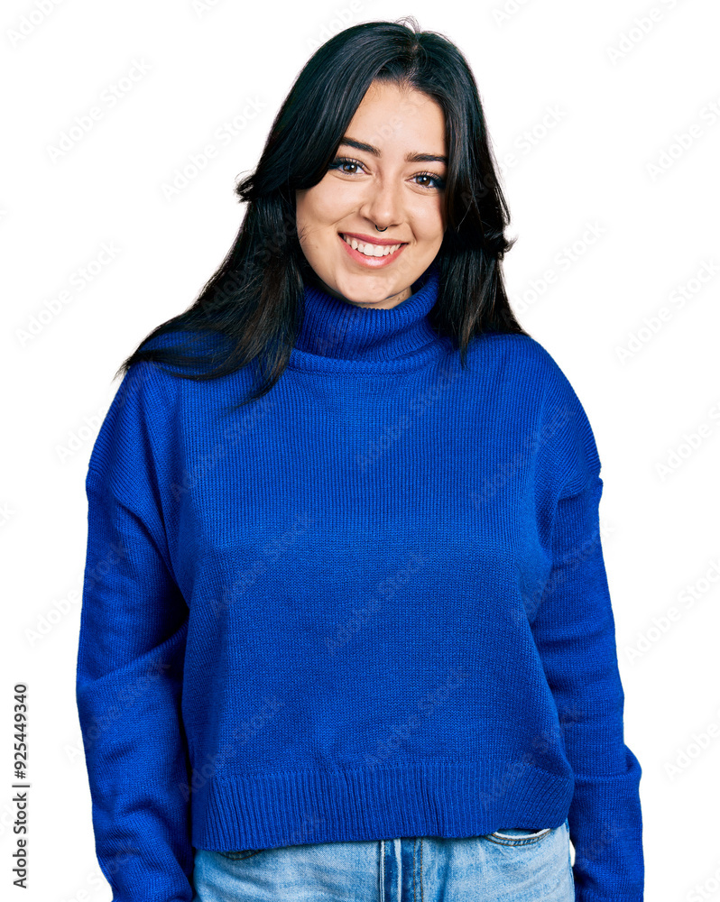 Beautiful hispanic woman wearing casual white t shirt with a happy and cool smile on face. lucky person. Beautiful hispanic woman wearing casual white t shirt with a happy and cool smile on face. lucky person.